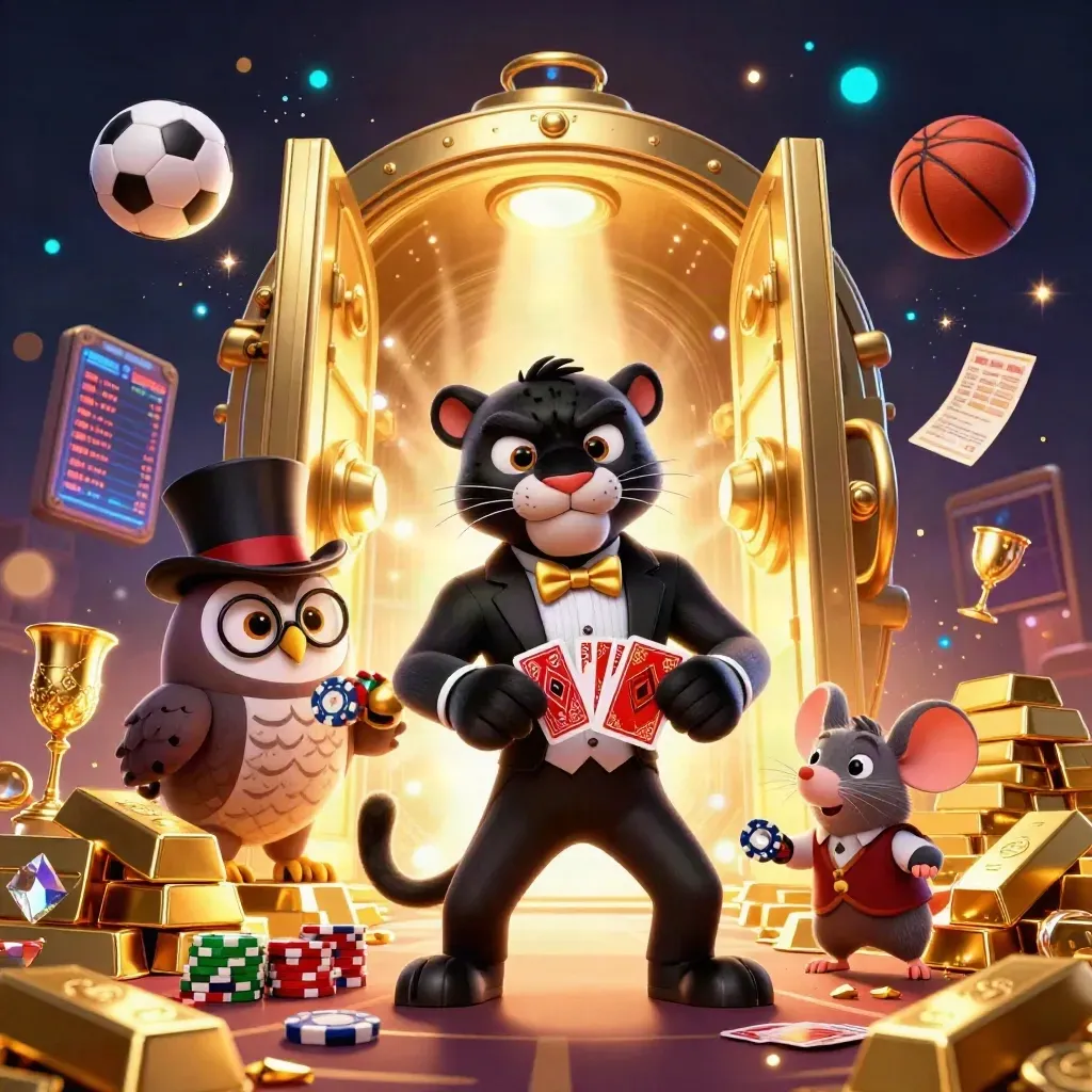 Panther, owl, and mouse amid a vault blast, chips, balls, and casino gold under blue light.