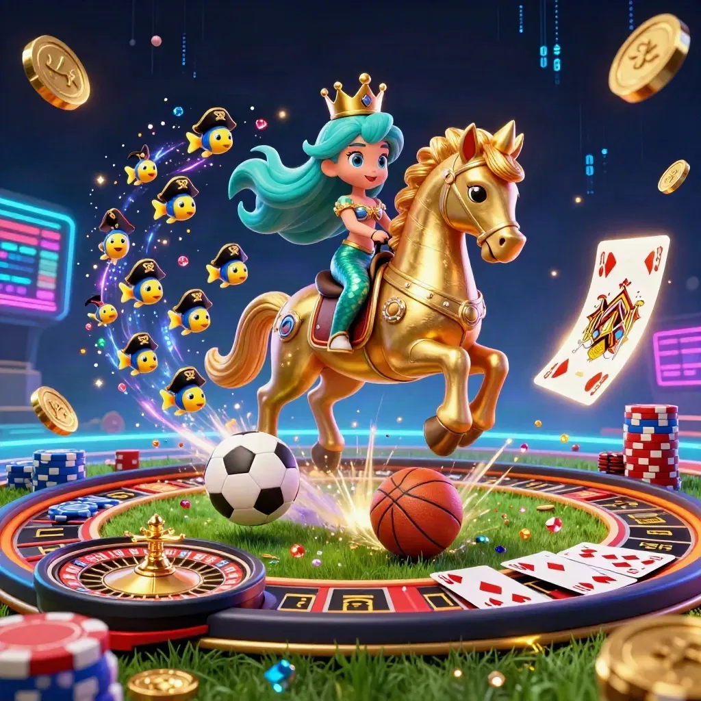 Mermaid princess on a golden seahorse amid casino chips, coins, cards, and flying sports balls.