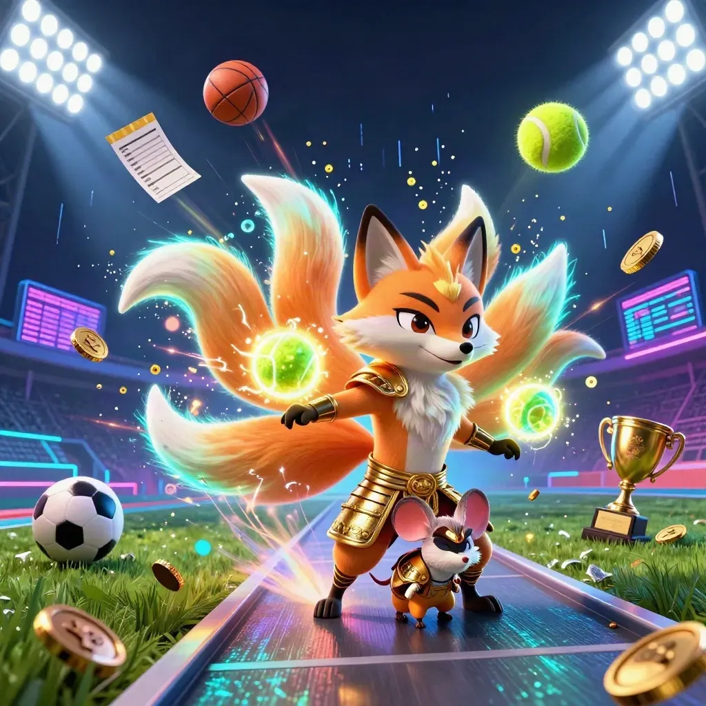 Neon fox spirit and samurai mouse amid flying balls, coins, trophy, and stadium beams