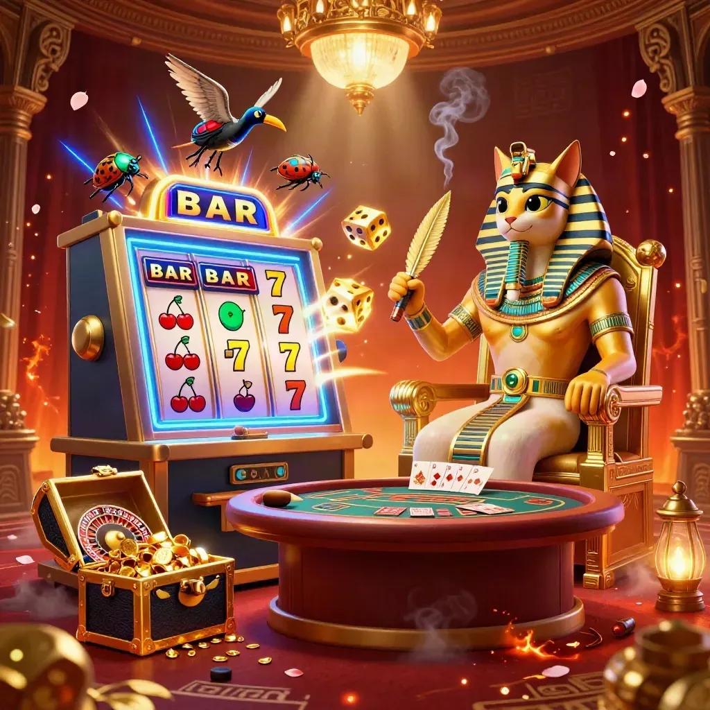Pharaoh cat, ibis scribe, and gem-wing scarabs in a lavish casino room with jackpots and gold.