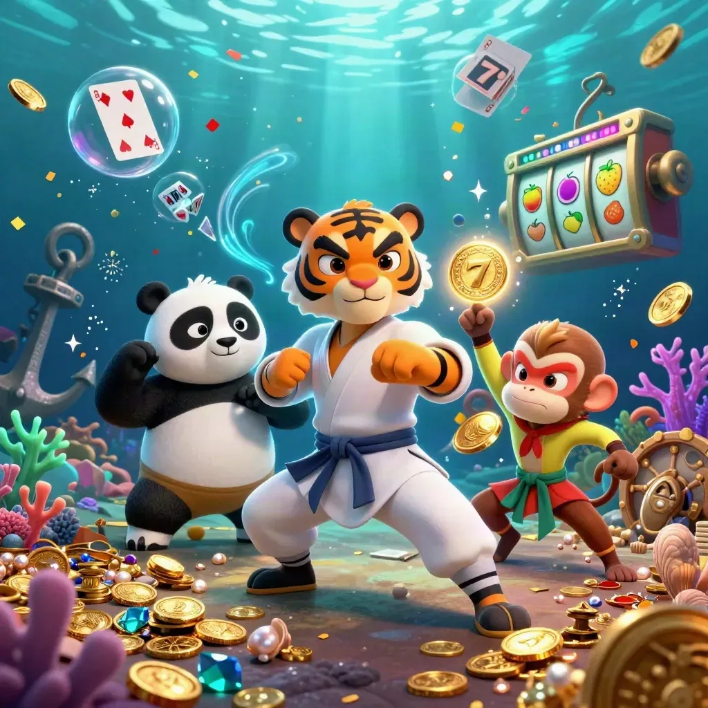 Kung-fu tiger, panda, and monkey in an underwater treasure cove with coins, coral, and casino glow