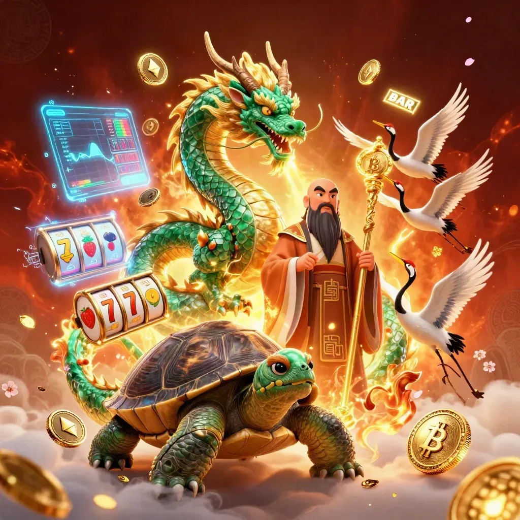 Emerald dragon, turtle sage and cranes amid casino relics, coins, lightning and fire.
