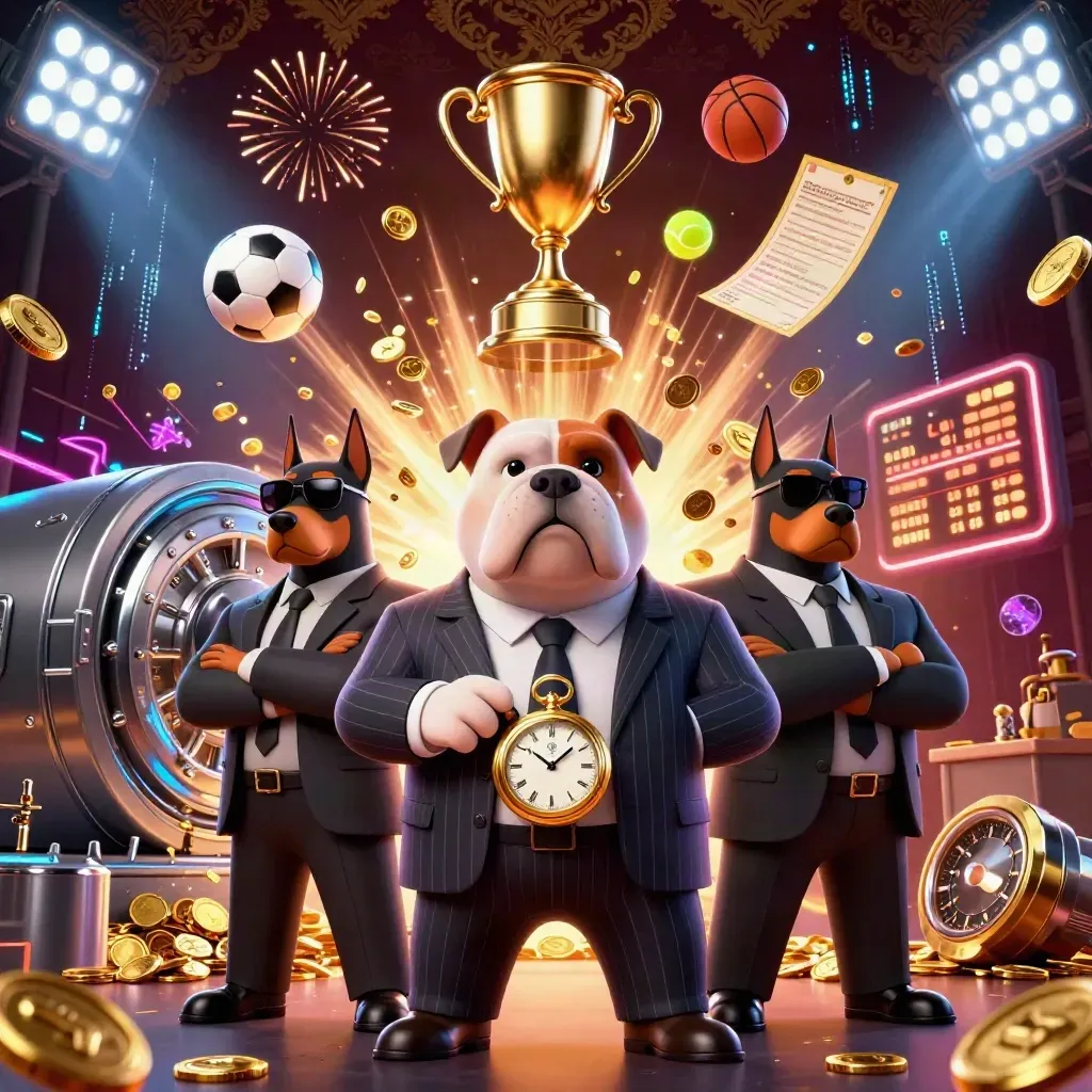 Bulldog boss and two Dobermans amid coins, sports balls, trophy, lights, and fireworks.